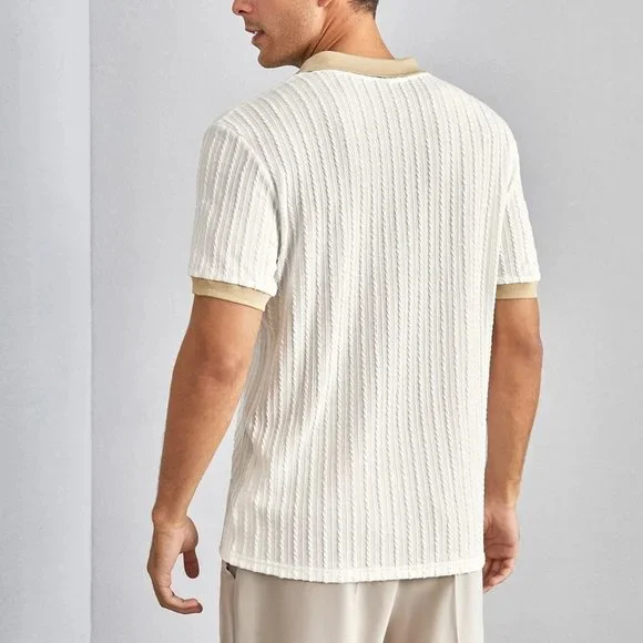 Beige Casual Mens Contrast Trim Textured Polo Shirt - Picture 4 of 5